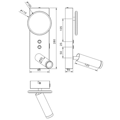 Aplique LED Arbas 8W AJP Alemar (Ref. 11602): medidas detalladas.  Diseño elegante negro y latón, luz cálida 3000K. Envío rápido desde LuzGuru.
