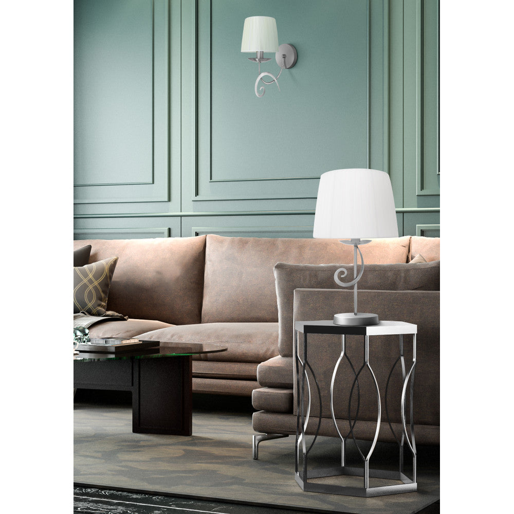 Aplique Luxor fabricado en Metal color Cromo con pantalla Textil