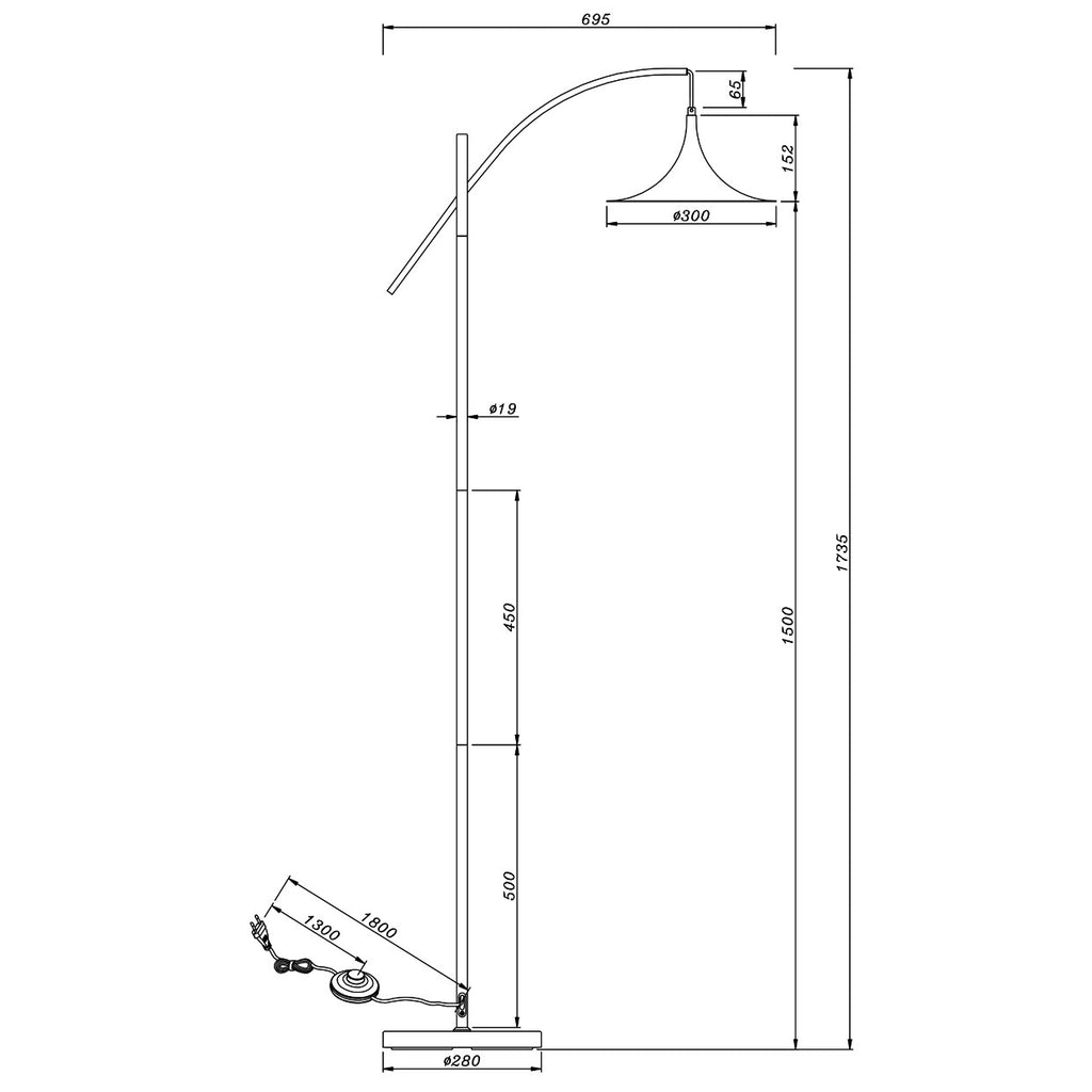Esquema con dimensiones del pie salón Conte latón ALEMAR