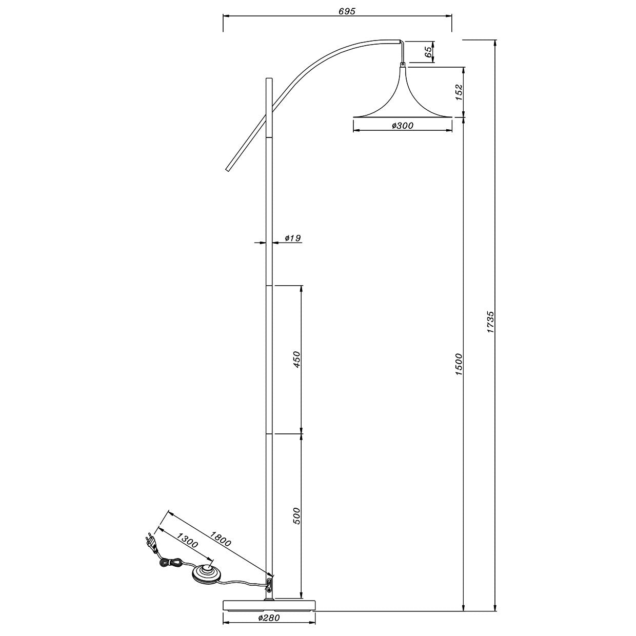 Esquema con dimensiones del pie salón Conte latón ALEMAR