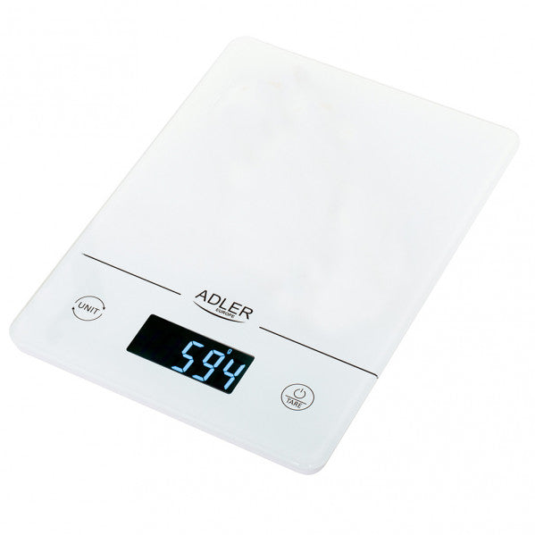 Báscula de cocina LCD Fabrilamp, capacidad 15kg, precisión 1g, color blanco, vista frontal.