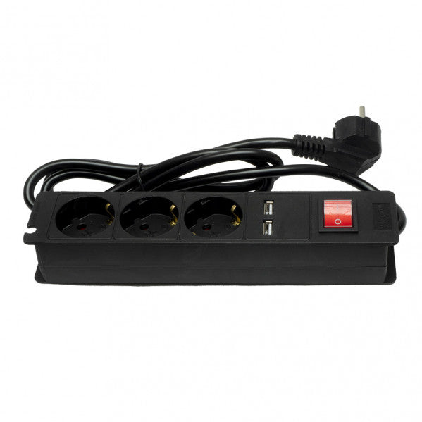 Base Múltiple Alargadera 3 Enchufes y 2 USB con Interruptor 1,5 m Negro Fabrilamp - vista principal | Fabrilamp / Abrila