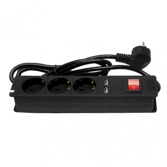 Base Múltiple Alargadera 3 Enchufes y 2 USB con Interruptor 1,5 m Negro Fabrilamp - vista principal | Fabrilamp / Abrila