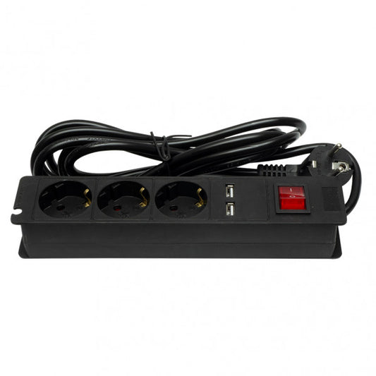 Base múltiple Fabrilamp con 3 enchufes y 2 puertos USB, interruptor y cable de 3 metros.