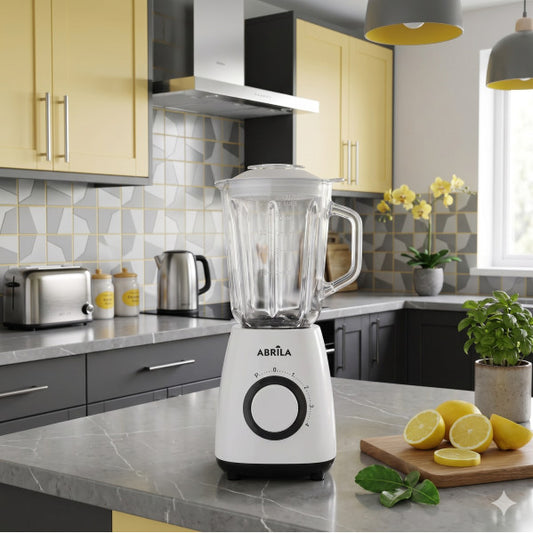 Batidora de Vaso Tadea 600 W 1,5 L Blanco y Gris Fabrilamp instalada en ambiente decorativo de salón o dormitorio | Fabrilamp / Abrila