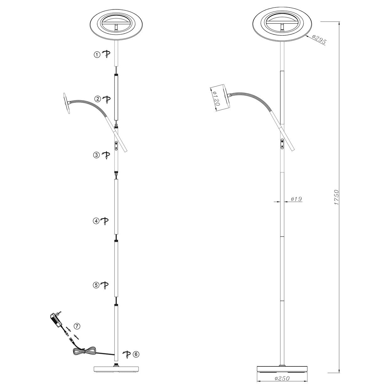 Esquema con dimensiones del pie de salón LED Bistrot ALEMAR