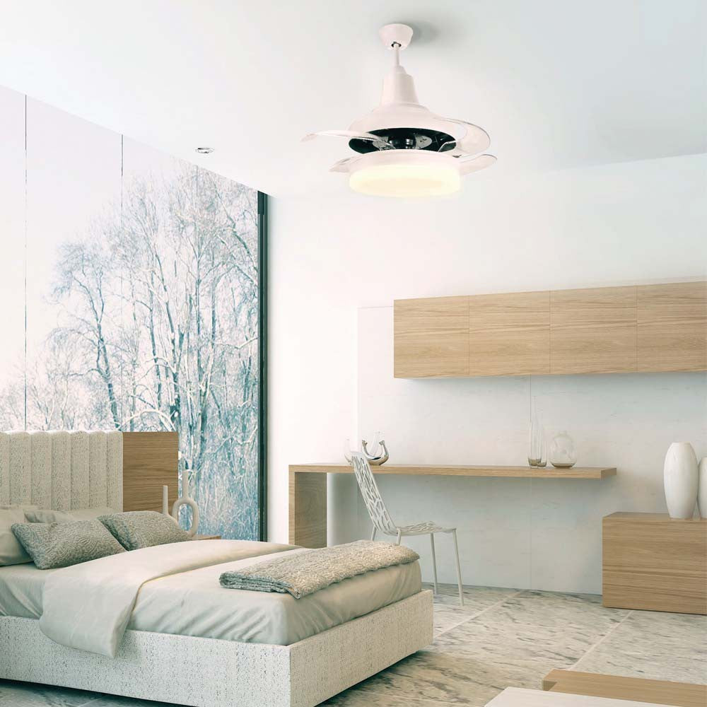 Ventilador moderno con palas ocultas ideal para salón
