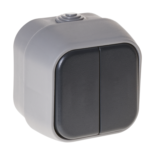 Conmutador Doble Bert IP54 Gris Policarbonato Fabrilamp - vista principal | Fabrilamp / Abrila · Ref. MEH2-B220M