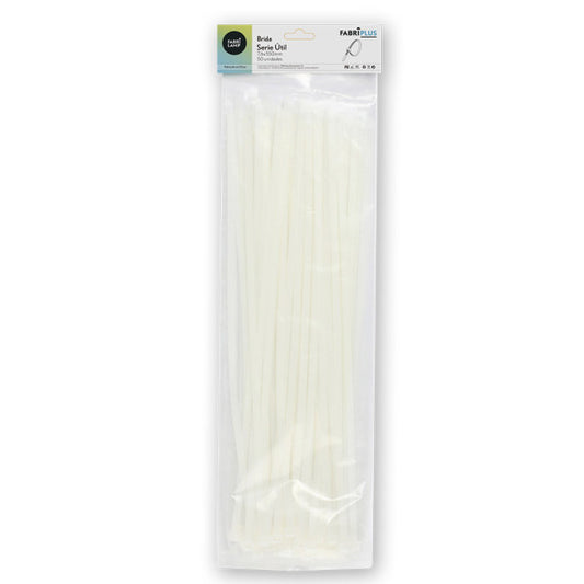 Bolsa de 50 bridas blancas de 7,6x550mm, fabricadas en nylon 66 resistente. Ideal para uso interior y exterior.