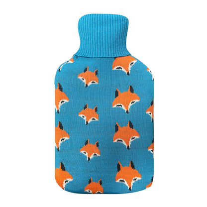 Bolsa de agua caliente Mimo 1,7l con funda azul y diseño de zorros. Fabrilamp.