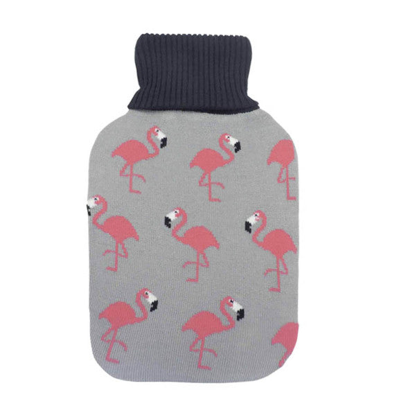 Bolsa de agua caliente MIMO 1,7l con funda gris y diseño de flamencos, vista frontal.