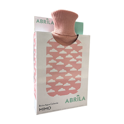 Bolsa de agua caliente Mimo fabricada en caucho color crema con funda acrílica rosa
