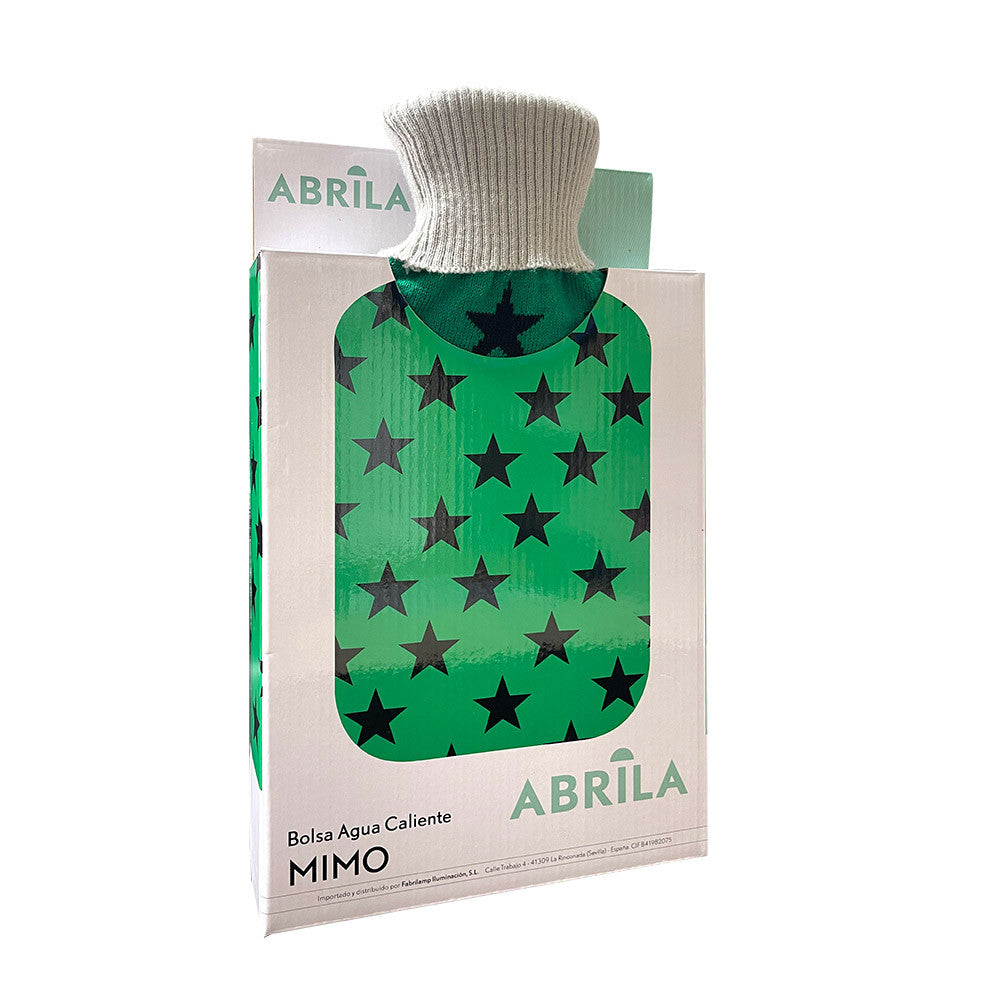 Bolsa de agua caliente Mimo fabricada en caucho color crema con funda acrílica verde