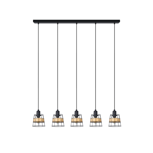 Lámpara Colgante Regleta Burano 5 Luces Forja y Rattán Negro Fabrilamp - vista principal | Fabrilamp / Abrila · Ref. 190695009
