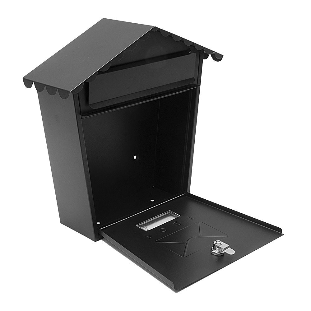 Buzón Olena fabricado en acero galvanizado color negro con tejadillo antilluvia