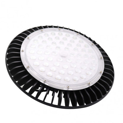 Campana Monzonita 150W negra, vista frontal, iluminación LED potente de Fabrilamp.