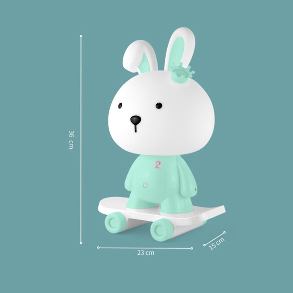 Esquema con dimensiones 23x15x36 cm del lámpara sobremesa conejo azul LED ALEMAR