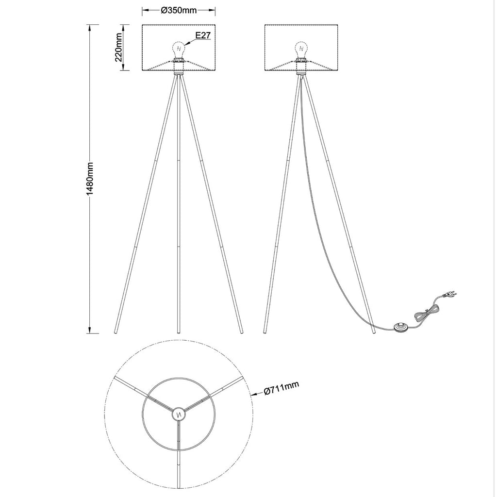 Esquema con dimensiones del pie de salón Tivoli latón ALEMAR