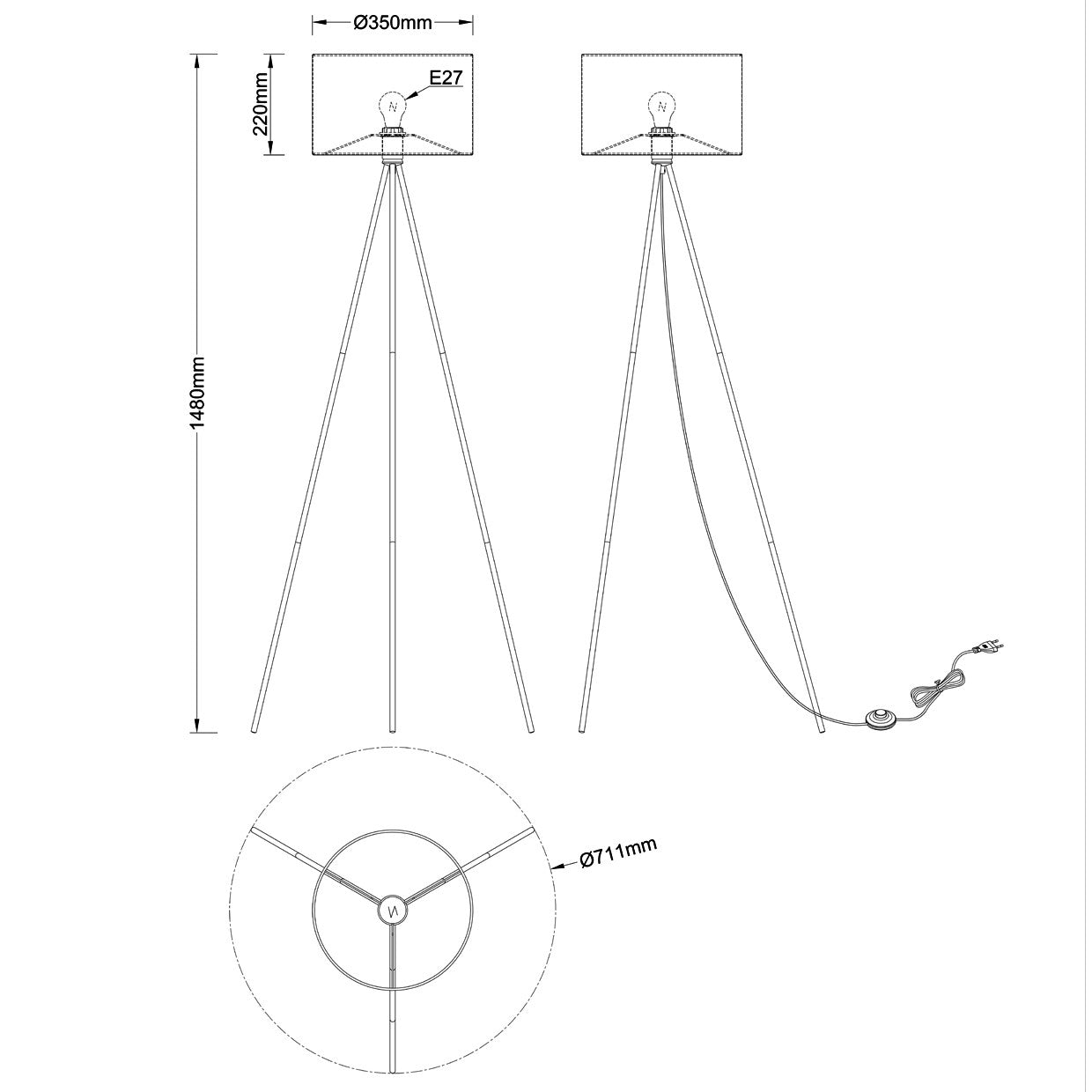 Esquema con dimensiones del pie de salón Tivoli latón ALEMAR