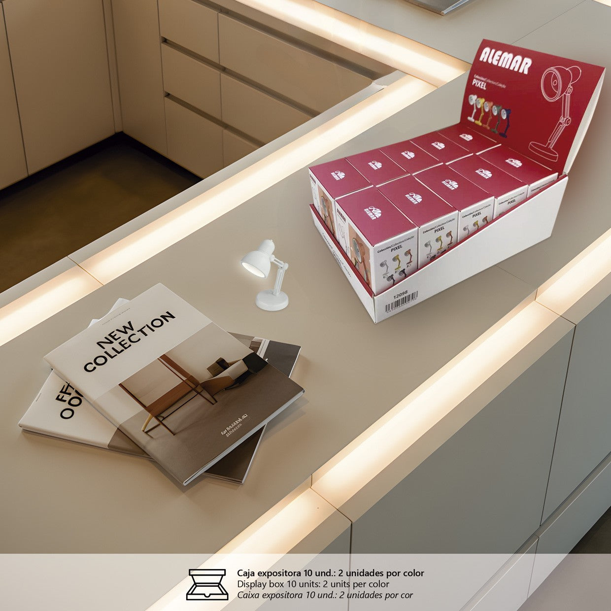 Caja expositora del pack mini flexos LED Pixel con colores variados ALEMAR