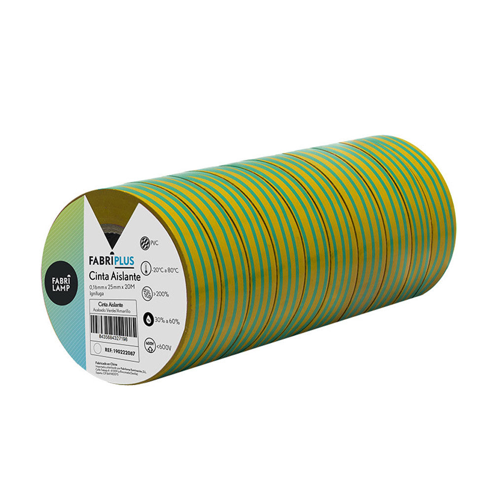 Cinta Aislante Eléctrica de PVC Verde/Amarillo 25 mm x 20 m Fabrilamp - imagen 2 | Fabrilamp / Abrila · Ref. 190222087