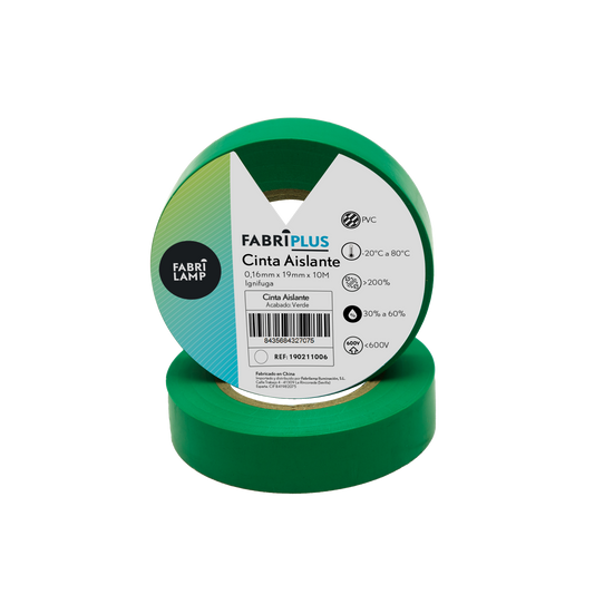 Cinta Aislante de PVC Verde 19 mm x 10 m Fabrilamp - vista principal | Fabrilamp / Abrila · Ref. 190211006