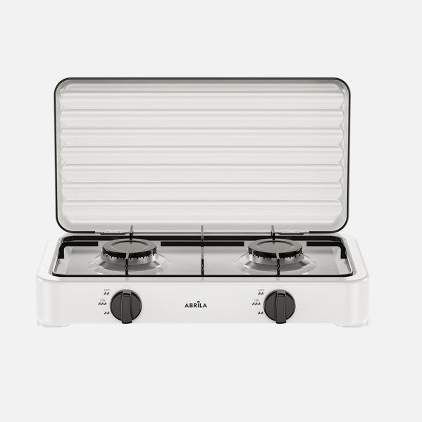 Cocina Gas Butano Foster 2 Quemadores 4400W Blanca con Tapa Exterior Fabrilamp - Vista frontal principal en fondo blanco | LuzGurú