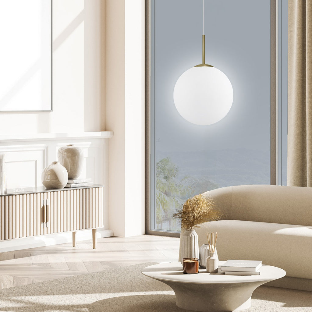 Medidas colgante Portile 11734 de AJP/Alemar. Lámpara colgante de latón con tulipa opal. LuzGuru.
