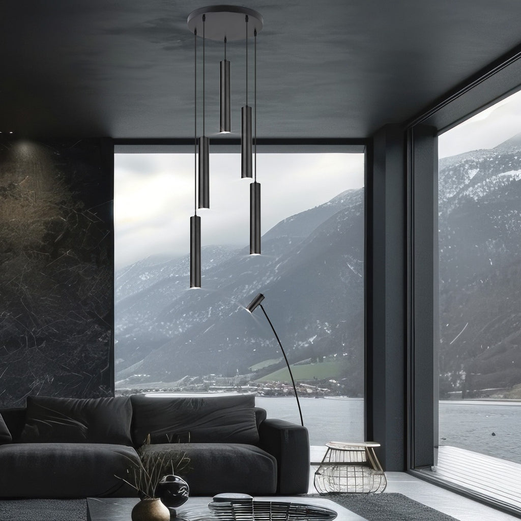 Colgante 8 luces ANTIA AJP/Alemar Ref. 11753 - Medidas detalladas.  Diseño elegante negro y latón. LuzGuru.
