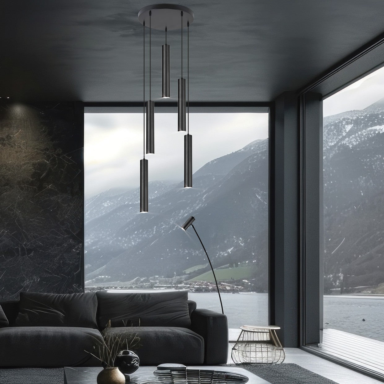 Colgante 8 luces ANTIA AJP/Alemar Ref. 11753 - Medidas detalladas.  Diseño elegante negro y latón. LuzGuru.
