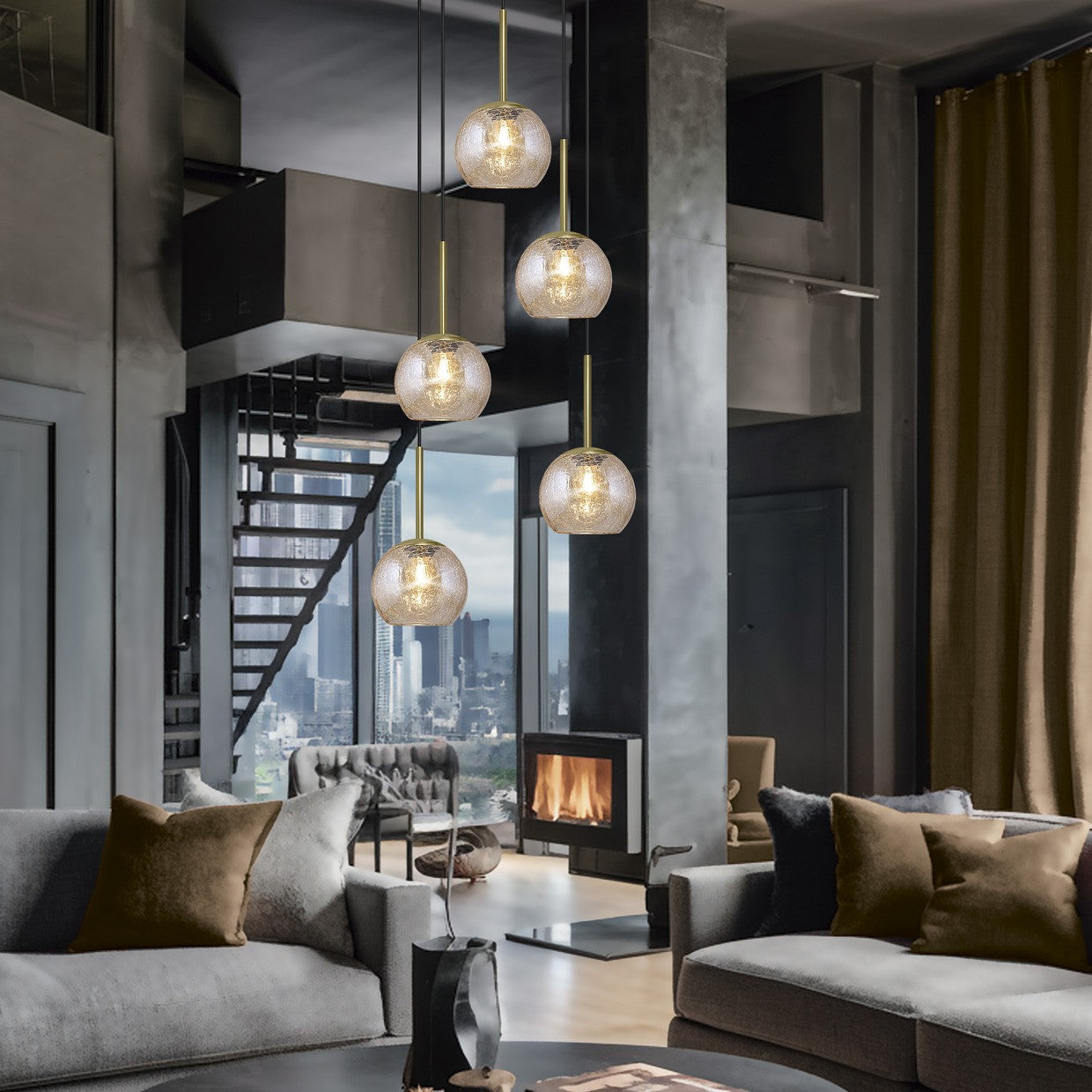 Medidas Colgante Cacela 8 Luces AJP/Alemar Ref. 11745 - Diseño Exclusivo Negro y Ámbar. LuzGuru.
