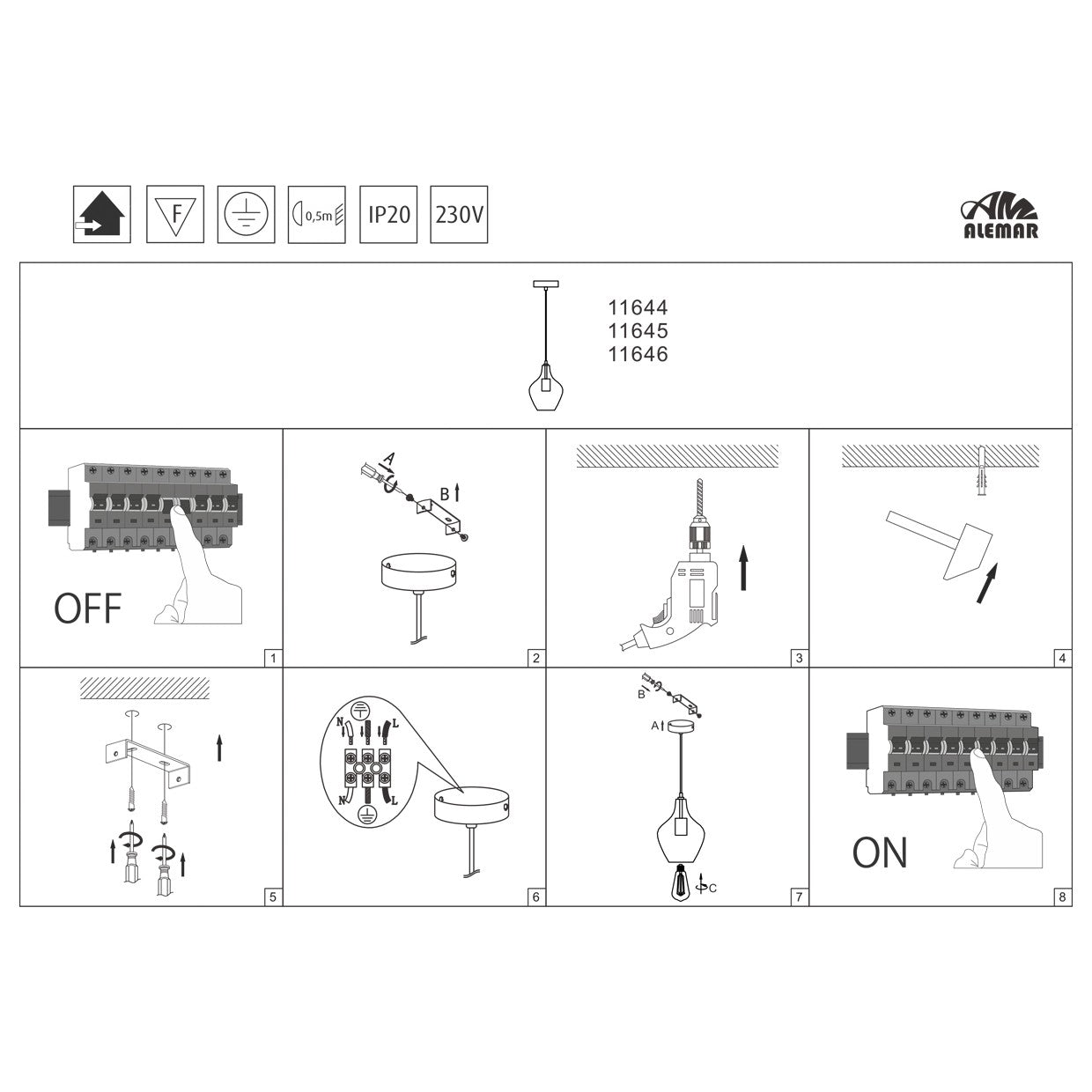 Colgante Aina Ref. 11645 AJP/Alemar: Medidas detalladas del colgante de latón con tulipa ámbar.  Luzguru.com
