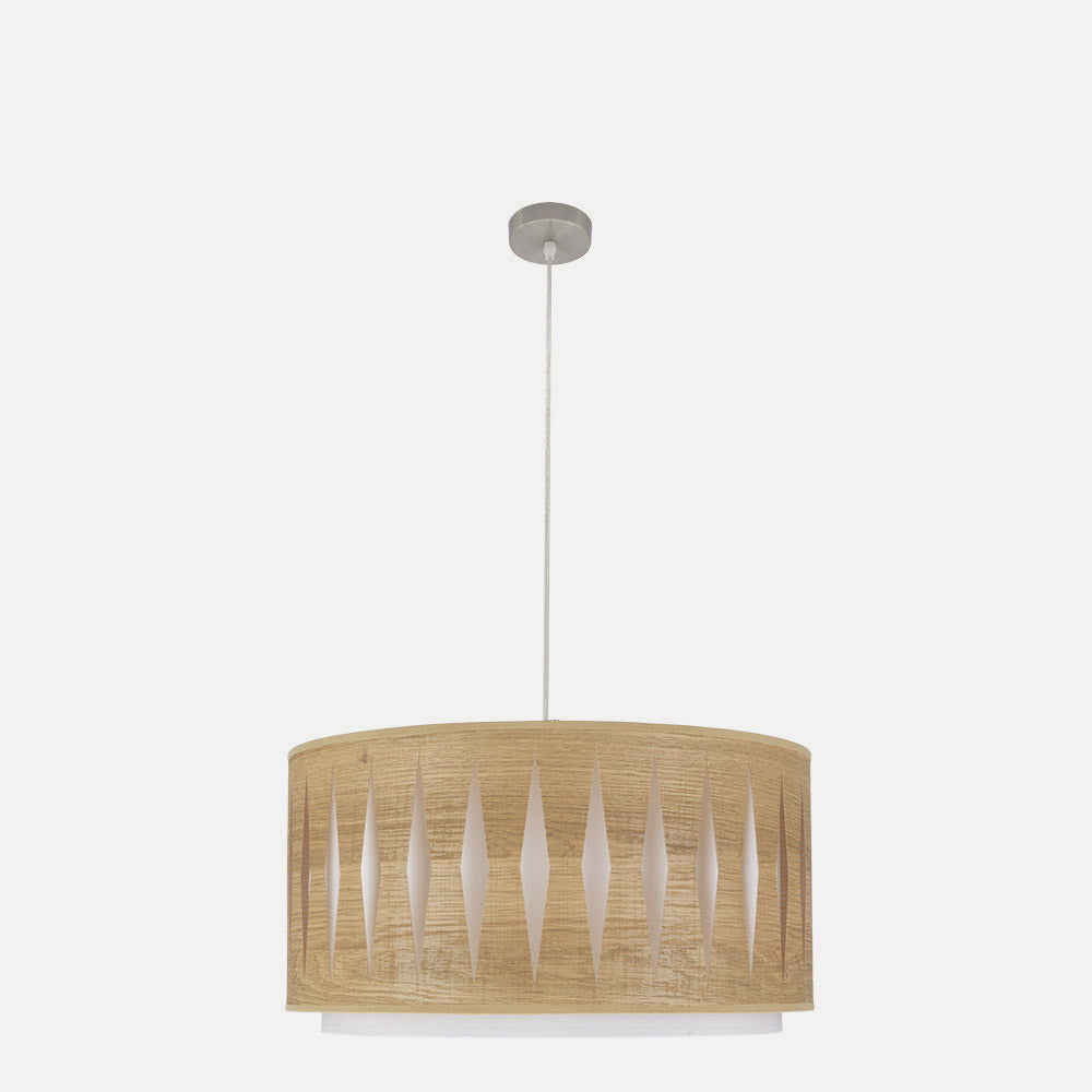 Lámpara colgante Alexandra fabricada en metal color níquel y textil color madera clara