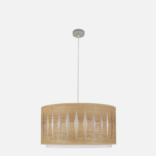 Lámpara colgante Alexandra fabricada en metal color níquel y textil color madera clara