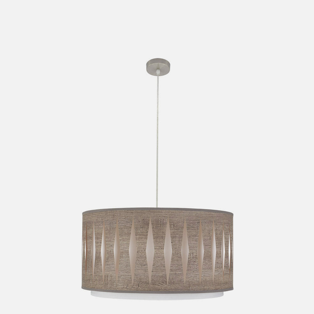 Lámpara Alexandra fabricada en metal color níquel y textil en madera gris