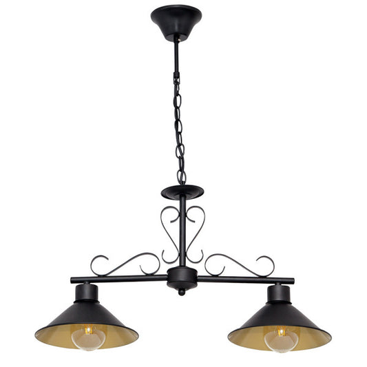 Colgante Azalea 2xE27 Negro/Oro de Fabrilamp/Abrila. Diseño rústico elegante para iluminar salones y comedores.