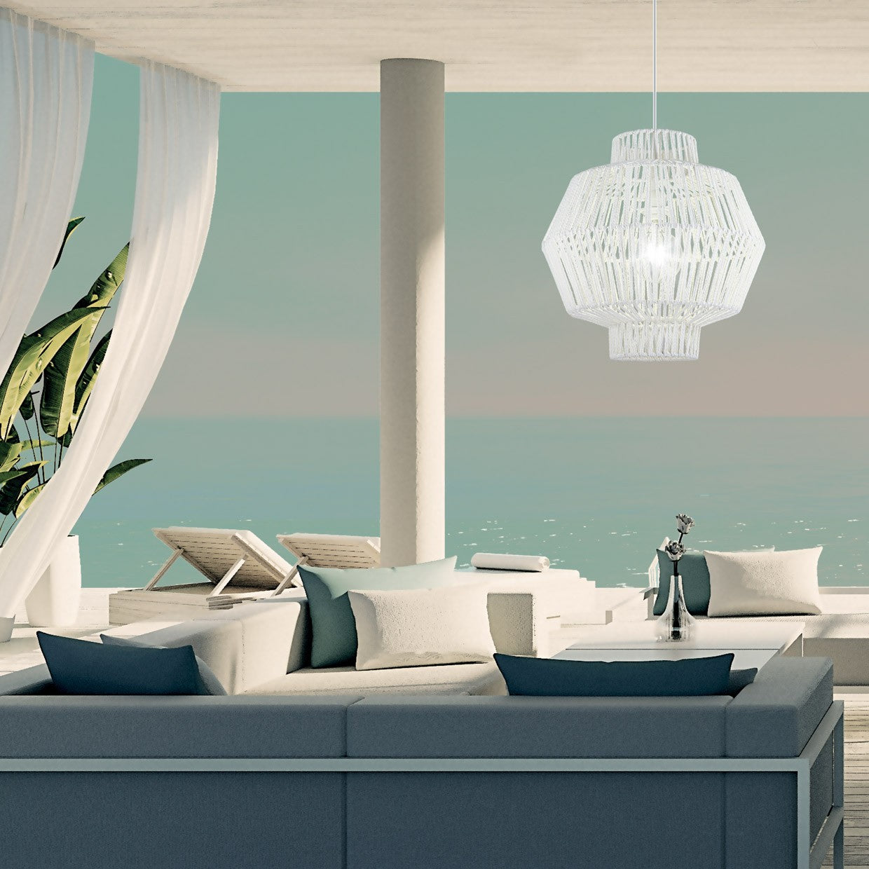 Colgante Balbec Blanco AJP/Alemar (Ref. 10840): Medidas detalladas.  Iluminación cálida y sostenible con diseño macramé. Envío rápido desde luzguru.com
