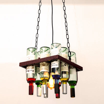 Colgante Bodega Marrón Rústico de 8 botellas, detalle de las botellas de cristal. Fabrilamp en luzguru.com