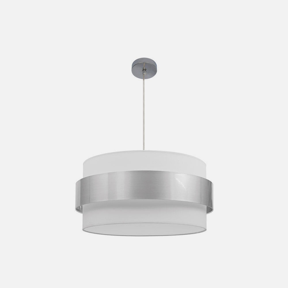 Colgante Bremen fabricado en metal color cromo y pantalla textil blanco plata