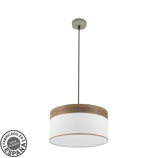 Colgante Cloe 40cm Cuero/Blanco-Madera Oscura de Fabrilamp. Iluminación moderna y elegante para tu hogar.