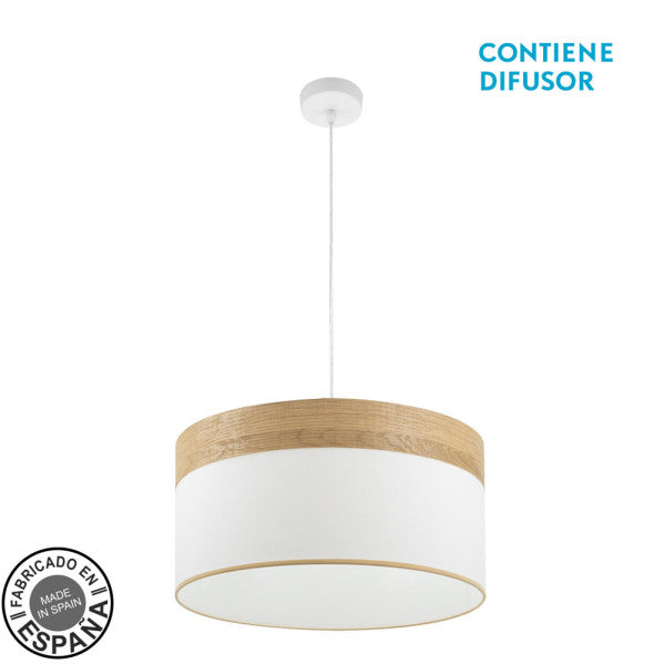 Colgante Cloe Blanco/Madera Clara 2xE27 de Fabrilamp, diseño moderno para iluminar salones y dormitorios.