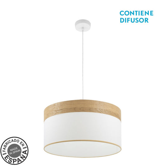 Colgante Cloe Blanco/Madera Clara 2xE27 de Fabrilamp, diseño moderno para iluminar salones y dormitorios.