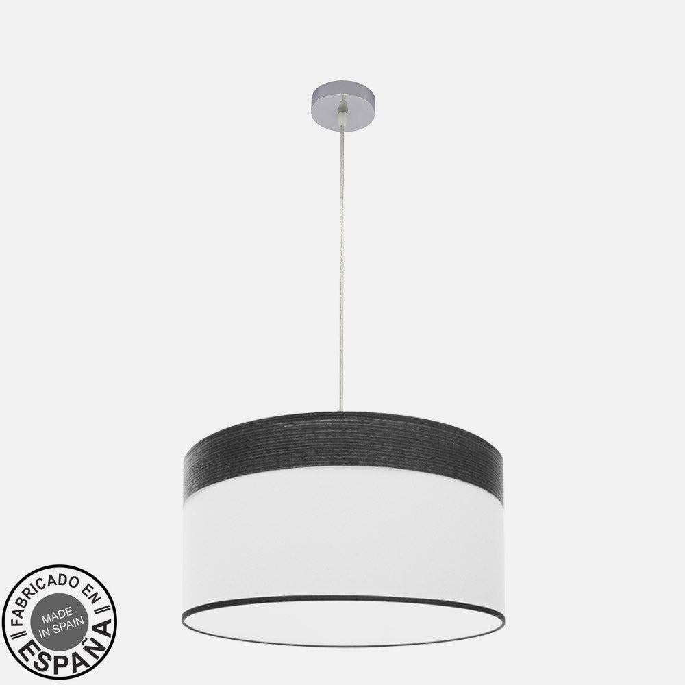 Colgante Cloe fabricado en metal cromado y textil color madera negra y blanco.