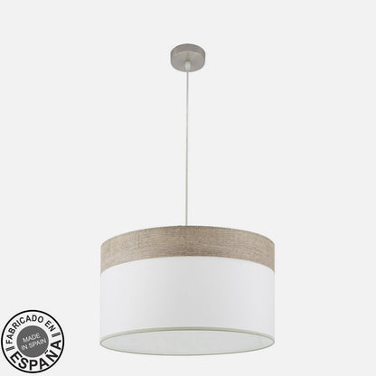 Colgante Cloe fabricado en metal color níquel y textil blanco/madera gris