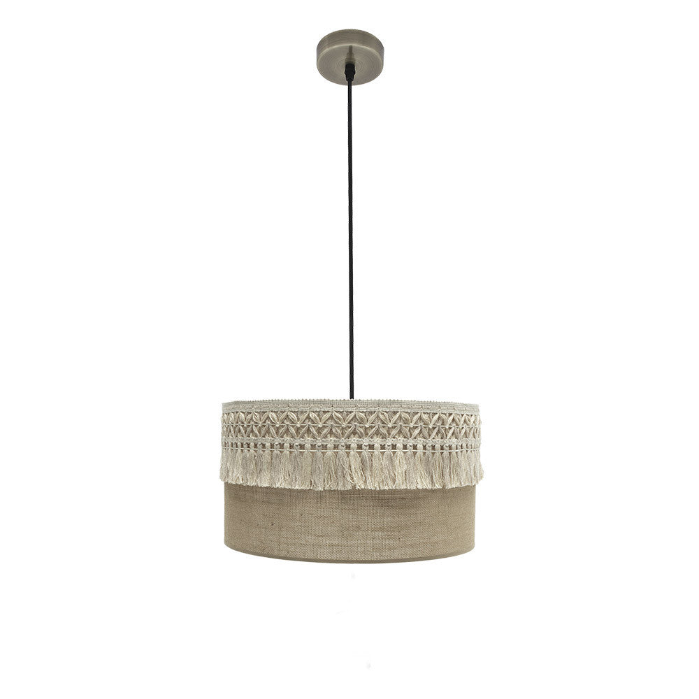 Colgante Ekaterina de Fabrilamp con pantalla de saco y pasamanería beis, lámpara de techo cuero 40cm