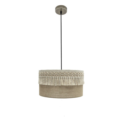 Colgante Ekaterina de Fabrilamp con pantalla de saco y pasamanería beis, lámpara de techo cuero 40cm