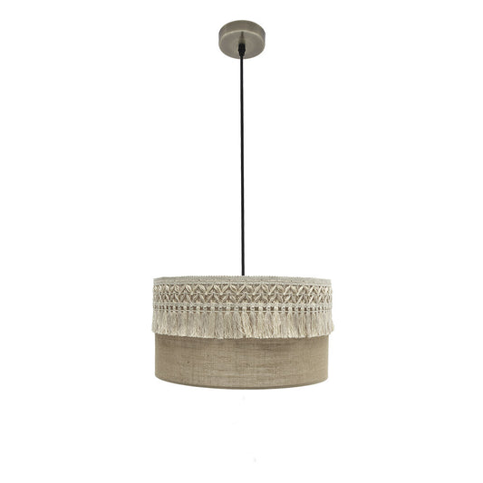 Colgante Ekaterina de Fabrilamp con pantalla de saco y pasamanería beis, lámpara de techo cuero 40cm