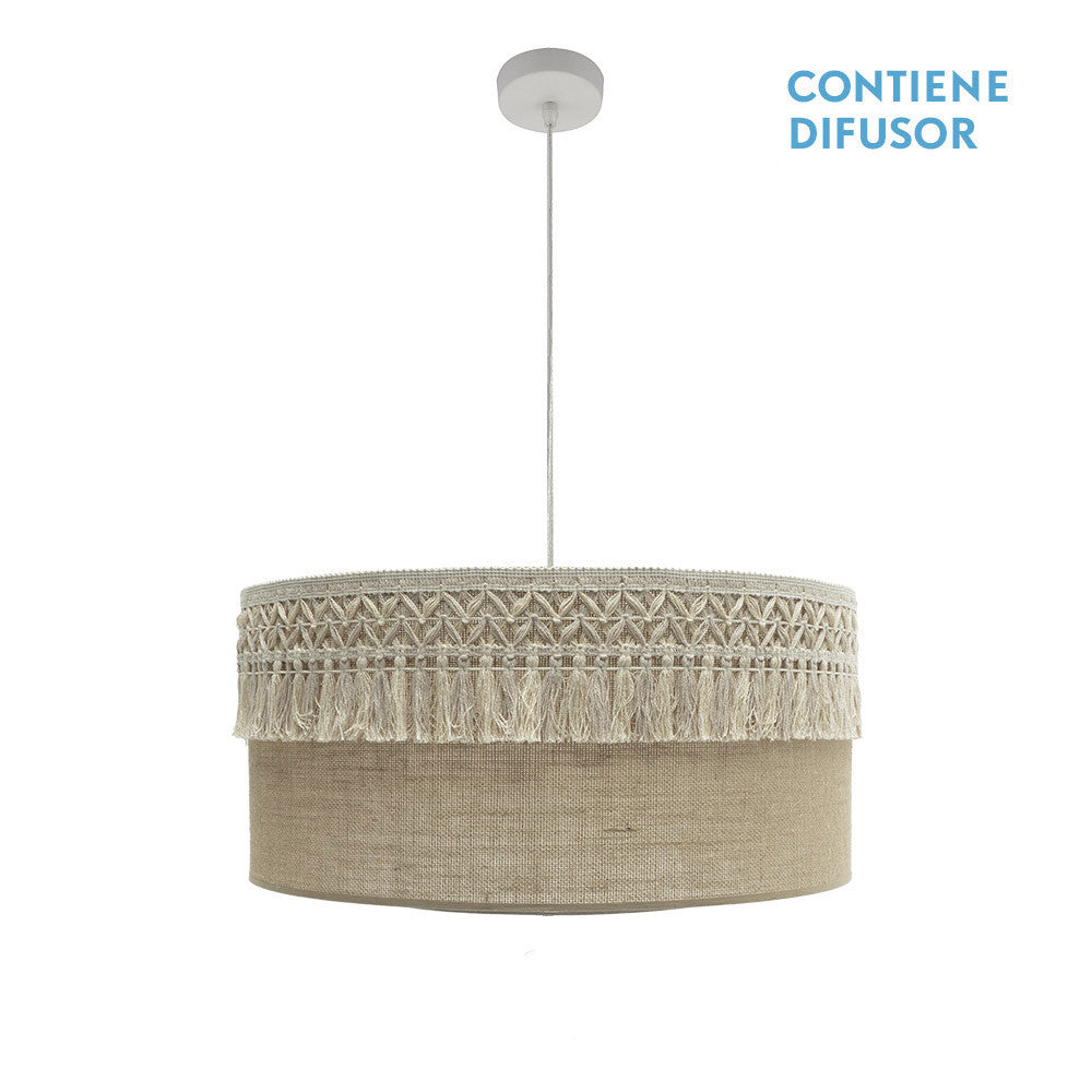 Colgante Ekaterina 3xE27 de Fabrilamp / Abrila con pantalla de saco blanco y pasamanería beis