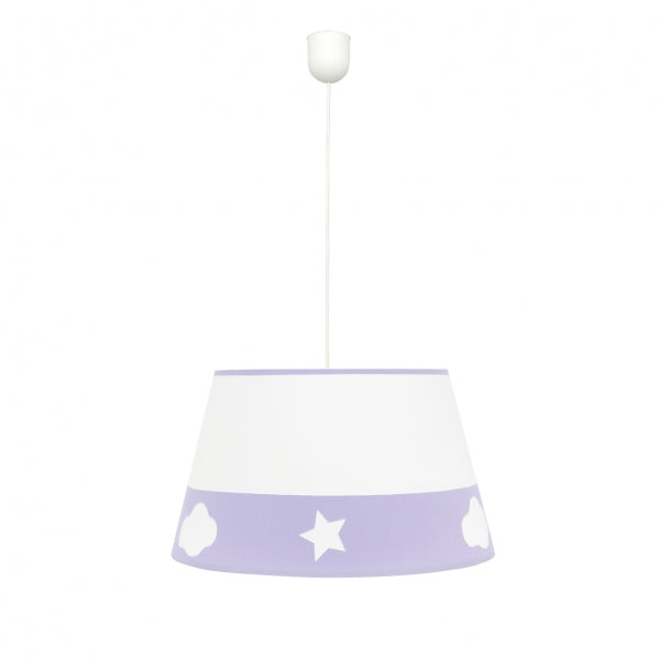 Colgante Galaxia Lila de Fabrilamp, diseño infantil con estrellas y nubes, ideal para dormitorios.