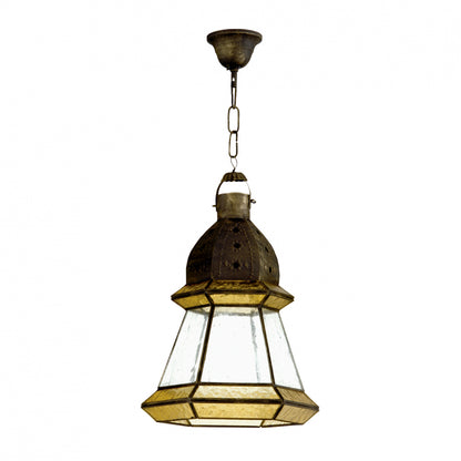 Colgante rústico Ambarina Fabrilamp / Abrila con detalles artesanales en cuero y ámbar, Ref. 2.964-AMBAR
